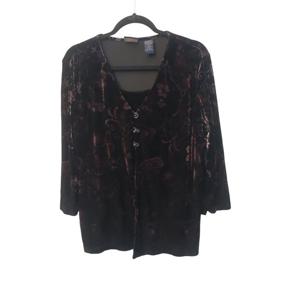 Womens Black Velvet Cardigan Tank Duet Top Laura Scott Floral Size L 14-16 - Picture 6 of 9